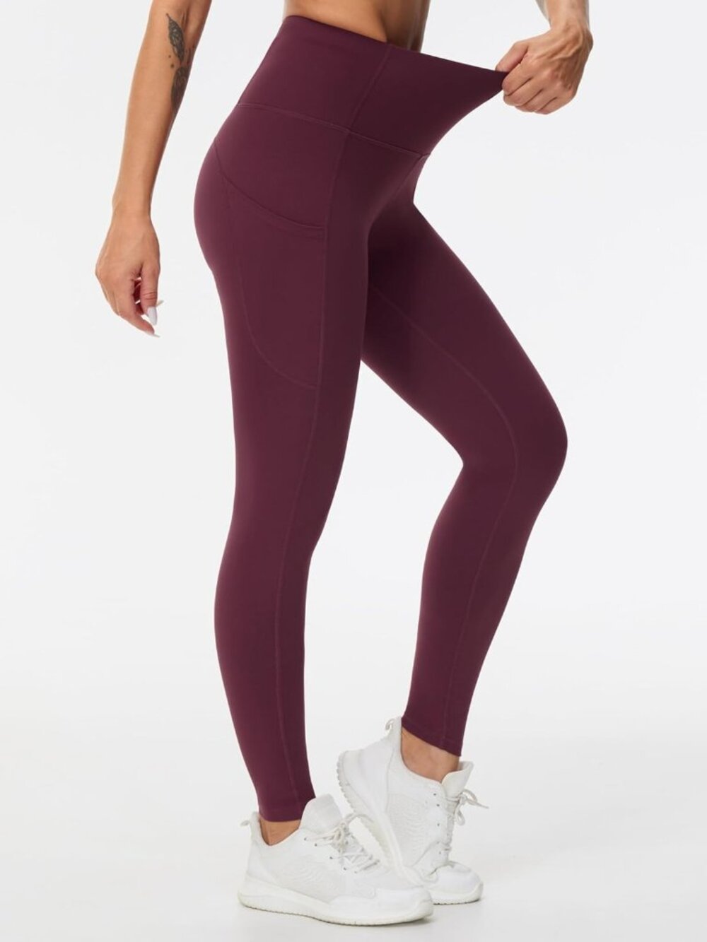 Women's Dark Red Elastic Thick High Waist Tummy Control Workout Yoga Leggings - Picture 3 of 6